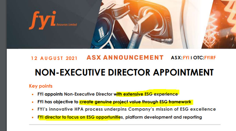 FYI ESG Board Appointment